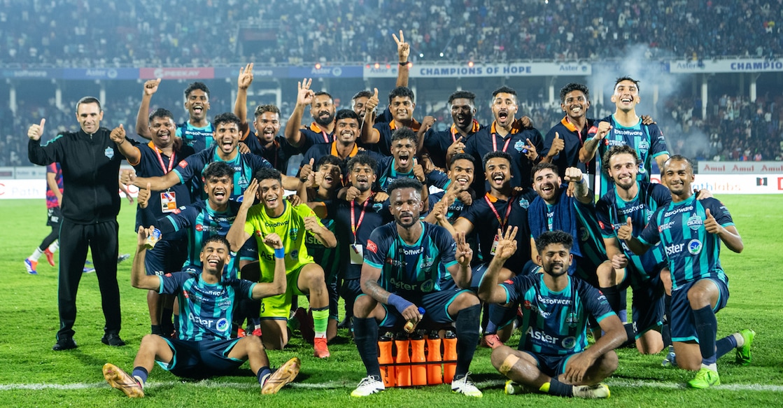 Calicut FC players pose after defeating Malappuram FC in the Super League Kerala at the EMS Corporation Stadium in Kozhikode on November 24, 2025. Photo: SLK