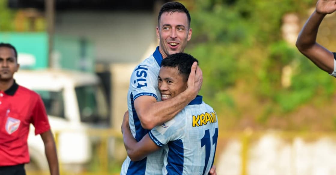 Koldo Obieta and Korou Singh, Kerala Blasters' goal scorers against SC Delhi. Photo: KBFC