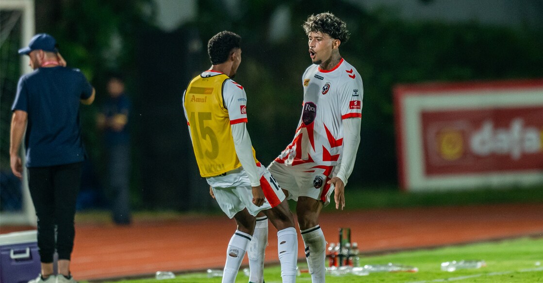 Malappuram players celebrate scoring the goal. Photo: Special arrangement