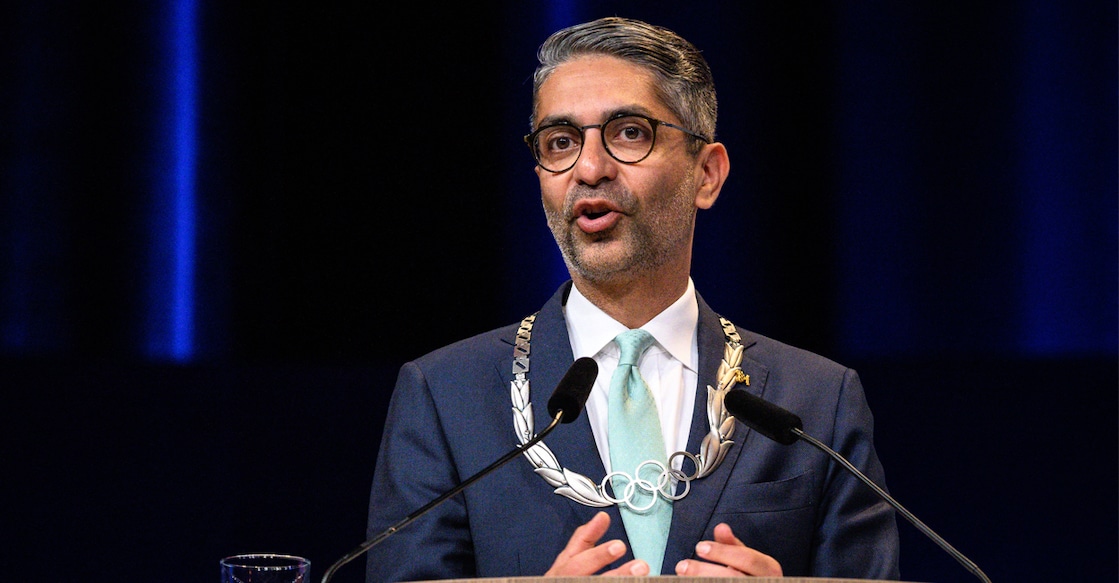 India's first individual Olympic gold medalist Abhinav Bindra delivers a speech after he received the Olympic Order during the 142nd session of the IOC in Paris on August 10, 2024. Photo: AFP