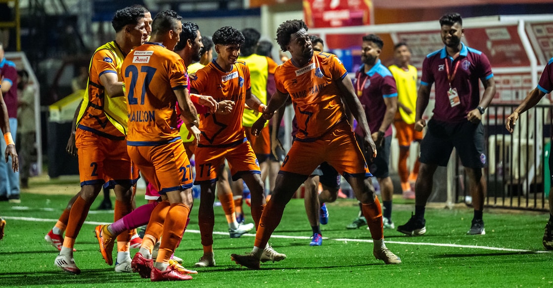 Marcus Joseph celebrates a goal with his Thrissur Magic teammates during the second semifinal of Super League Kerala against Malappuram FC in Thrissur on December 15, 2025. Photo: SLK