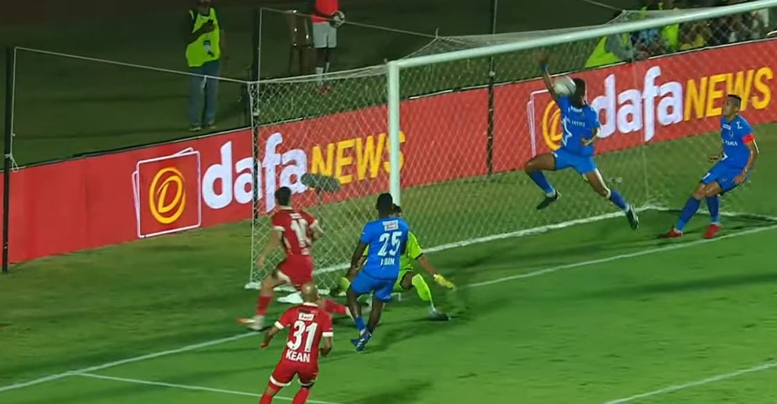 Tejas Krishna of Thrissur Magic handles the ball during the final of Super League Kerala against Kannur Warriors at the Jawahar Municipal Stadium in Kannur on December 19, 2025. Photo: Screengrab/YouTube@SuperLeagueKerala