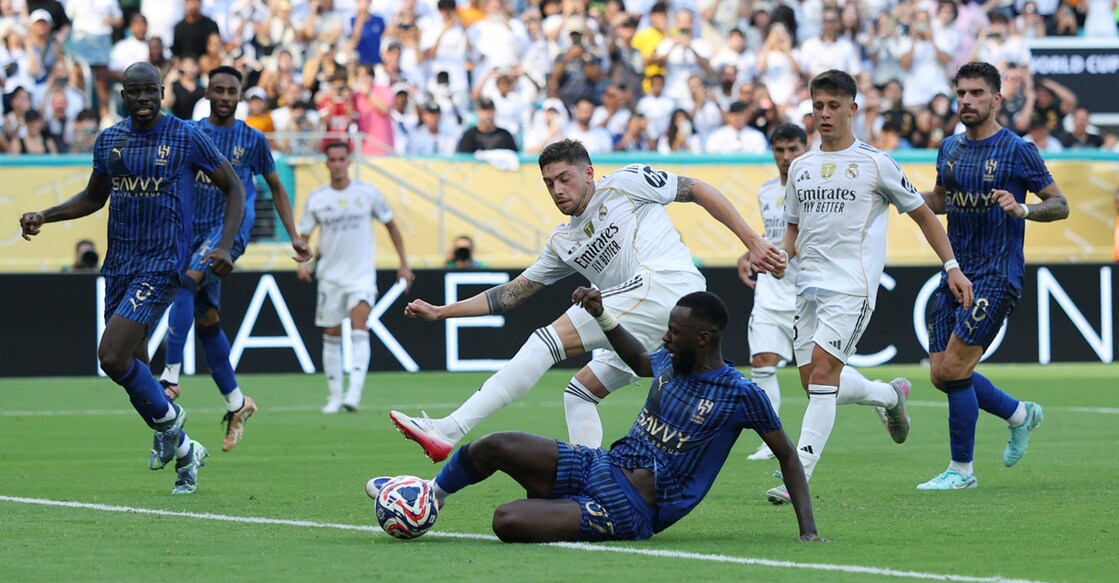 Real Madrid's Federico Valverde in action with Al Hilal's Hassan Al-Tombakti. Photo: Reuters/Hannah Mckay