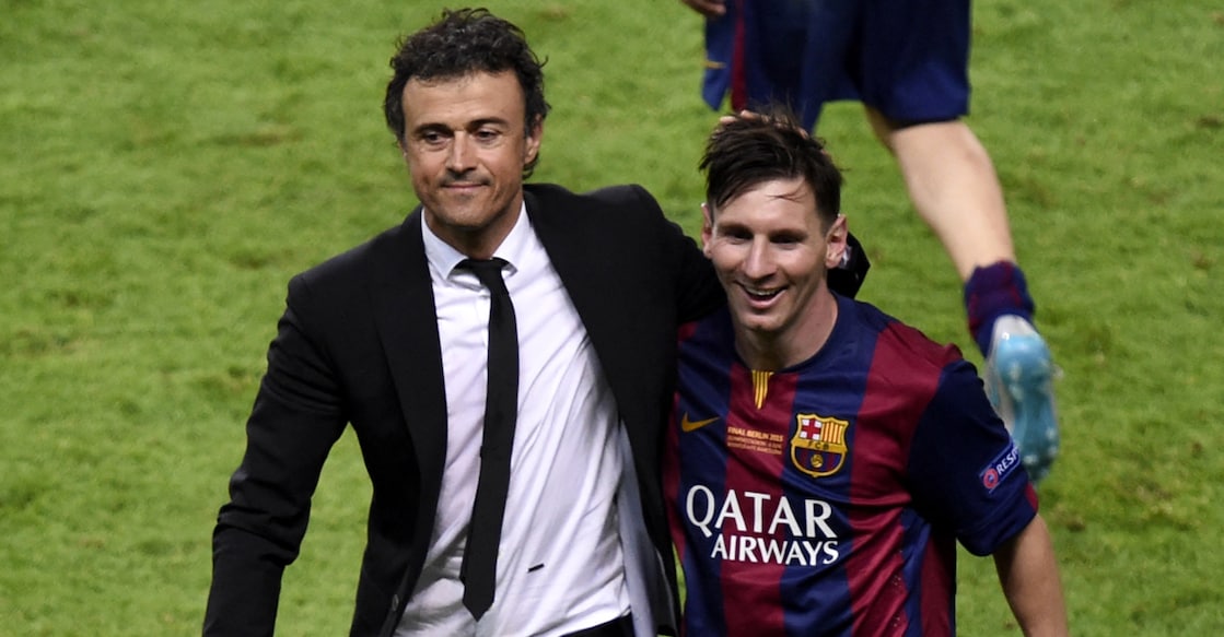 FBL-EUR-C1-JUVENTUS-BARCELONA-FINAL-TROPHY In this file photo from June 6, 2015, Luis Enrique and Lionel Messi celebrate after winning the UEFA Champions League with Barcelona at the Olympic Stadium in Berlin. Photo: AFP/ Odd Andersen