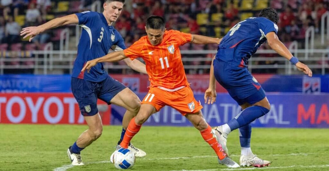 Sunil Chhetri of India in action against Thailand during a friendly match at the Thammasat Stadium in Pathum Thani, Thailand on June 4, 2025. Photo: AIFF