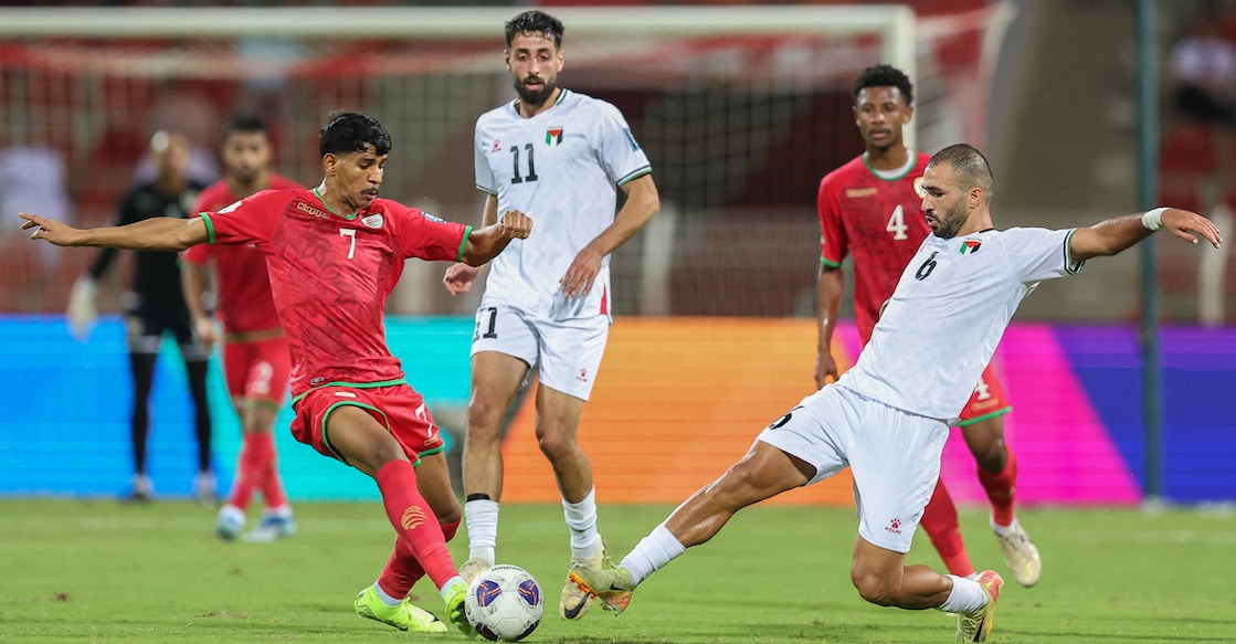 FBL-WC-2026-ASIA-QUALIFIER-OMA-PLE Action between Oman (red) and Palestine during a 2026 FIFA World Cup Asian qualification match at the Sultan Qaboos Sports Complex in Muscat on November 14, 2024. File photo: AFP/ Haitham Al-Shukairi
