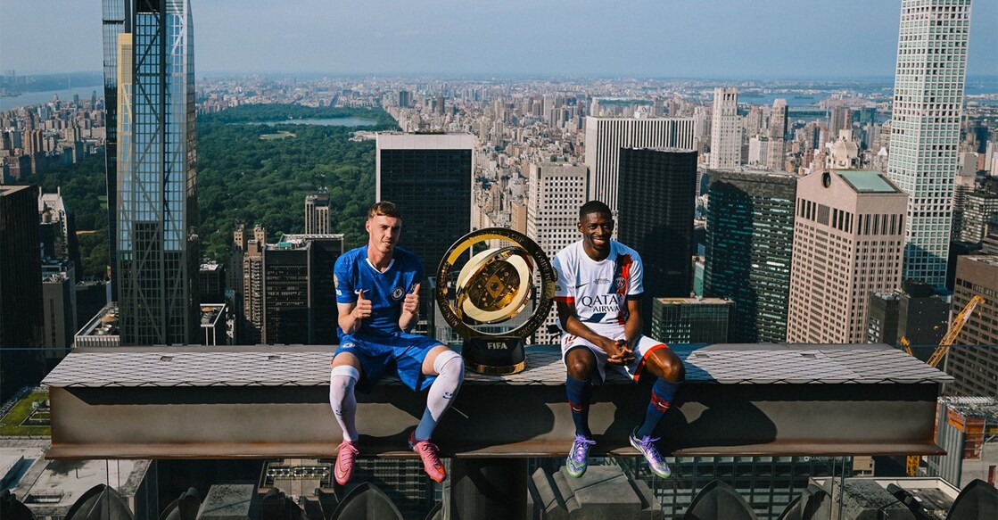Chelsea's Cole Palmer and PSG's Ousmane Dembele pose with the Club World Cup trophy in New York. Photo: X/@ChelseaFC