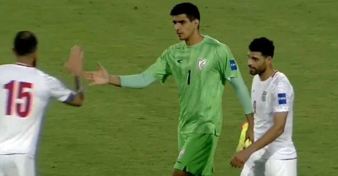 Indian goalkeeper Gurpreet Singh Sandhu shakes hands with Iranian players after the match in the CAFA Nations Cup at Hisor, Tajikistan on September 1, 2025. Photo: Screengrab/Fancode