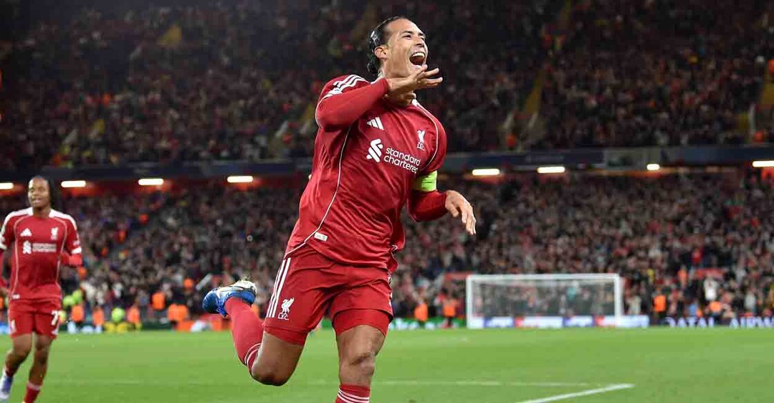 Soccer Football - UEFA Champions League - Liverpool v Atletico Madrid - Anfield, Liverpool, Britain - September 17, 2025 Liverpool's Virgil van Dijk celebrates scoring their third goal REUTERS/Peter Powell