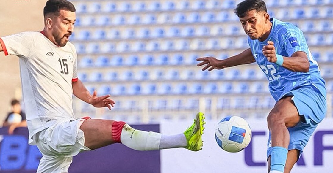 Action between Afghanistan (white) and India in the CAFA Nations Cup at Hisor in Tajikistan on September 4, 2025. Photo: AIFF