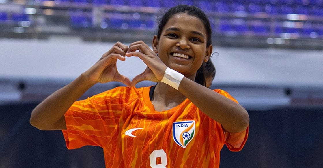 Khushbu Saroj celebrates a goal for India against Maldives in the SAFF Futsal Championship in Thailand on January 13, 2026. Photo: AIFF
