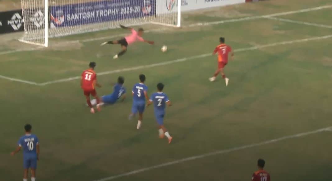 Aqib Nawab scores Bengal’s fourth goal against Nagaland in the Santosh Trophy. Photo: Screengrab/FIFA+