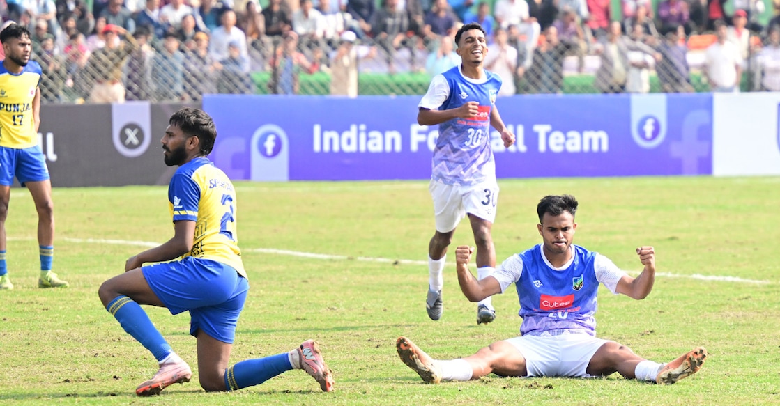 Muhammad Ajsal celebrates his goal for Kerala against Punjab in a final round match of the Santosh Trophy at the Silapathar Football Stadium in Assam on January 22, 2026. Photo: Dhanesh Ashokan/Manorama