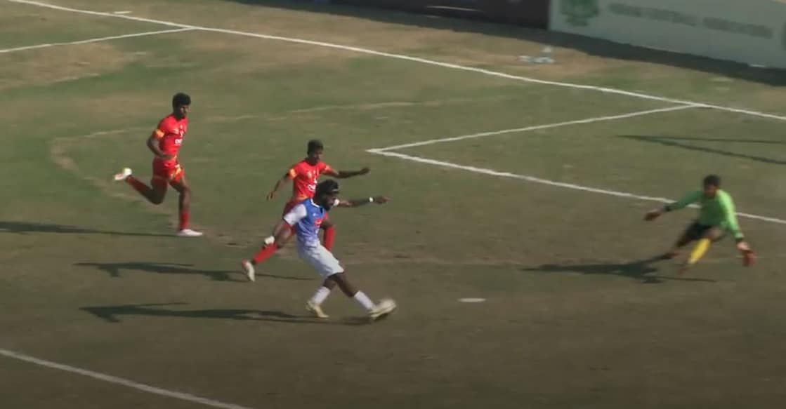 Shijin T scores for Kerala against Odisha in the final round of the 79th Santosh Trophy at the Dhakuakhana Football Stadium in Assam on January 27, 2026. Photo: Screengrab/FIFA+