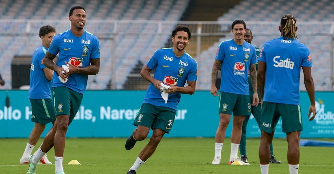 Kolkata: Brazil's national football team's Marquinhos, Gabriel Magalhaes, and others during a training session ahead of a international friendly match between Brazil and India, in Kolkata, Friday, Oct. 2, 2026. (PTI Photo/Manvender Vashist Lav)(PTI10_02_2026_000326A)