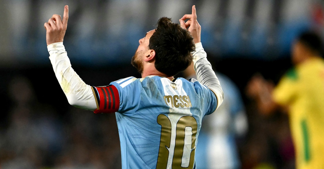 Argentina's forward #10 Lionel Messi celebrates scoring his team's third goal during the international friendly football match between Argentina and Benin at the Mas Monumental stadium in Buenos Aires on October 6, 2026. (Photo by Luis ROBAYO / AFP)