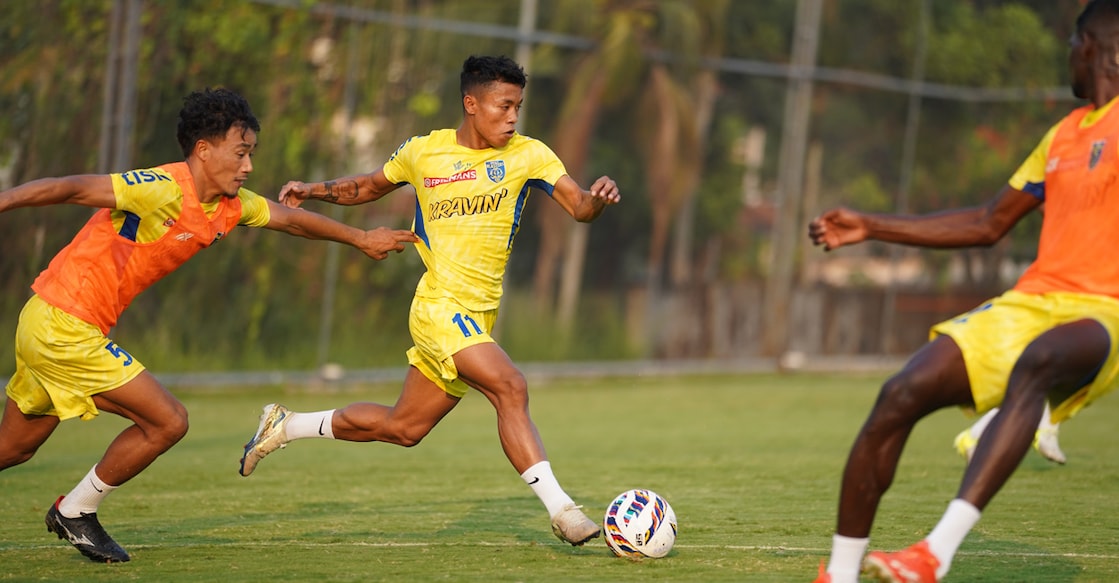 Kerala Blasters players train on the eve of their ISL 2025-26 season opener in Kolkata, on February 13, 2026. Photo: KBFC