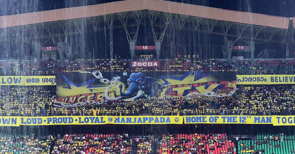 A tifo unveiled by the Manjappada ahead of Kerala Blasters' home match against Mumbai City at the Jawaharlal Nehru International Stadium at Kaloor in Kochi on February 22, 2026. Photo: Onmanorama
