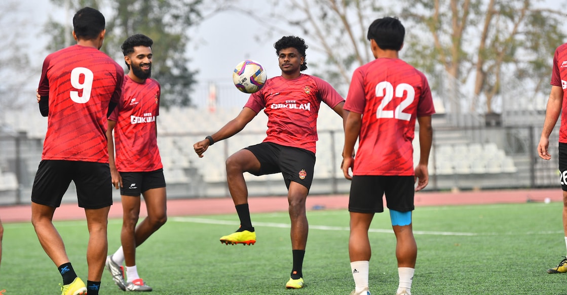 Gokulam Kerala players train on the eve of their Indian Football League opener in Aizawl on February 26, 2026. Photo: GKFC