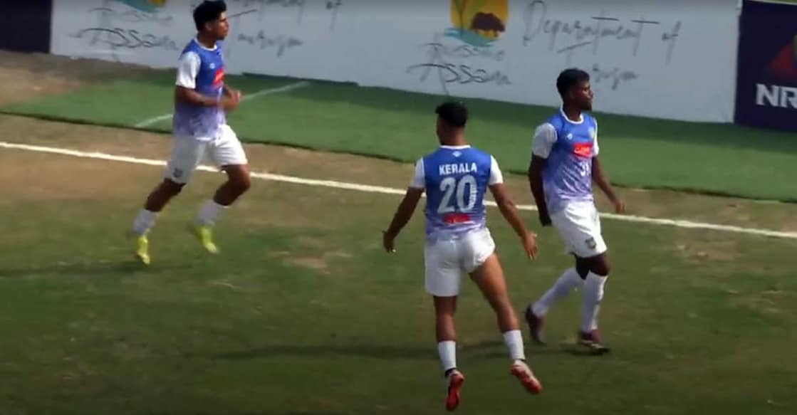 Muhammad Ajsal (20) and his Kerala teammates celebrate a goal against Punjab in the second semifinal of the 79th Santosh Trophy at the Dhakuakhana Football Stadium in Assam on February 5, 2026. Photo: Screengrab/FIFA+