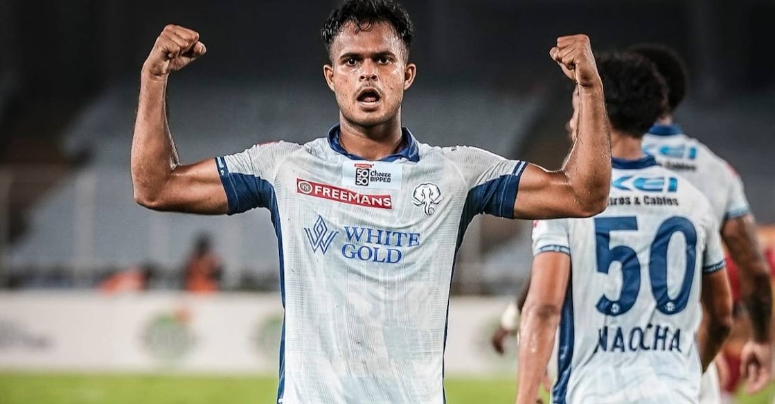 Kerala Blasters striker Muhammad Ajsal celebrates his late equaliser against East Bengal at VYBK in Kolkata on March 14, 2026. Photo: KBFC