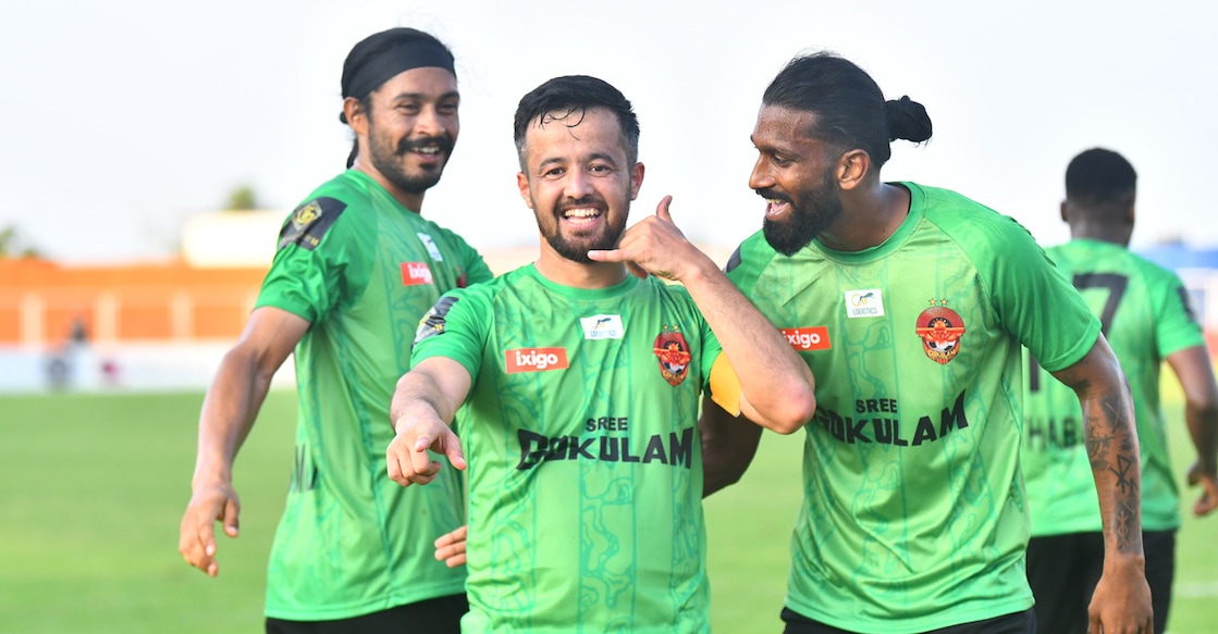 Gokulam Kerala captain Kasimov and his teammates celebrate their second goal against Dempo SC in the Indian Football League at the Payyanad Stadium in Manjeri on March 20, 2026. Photo: GKFC