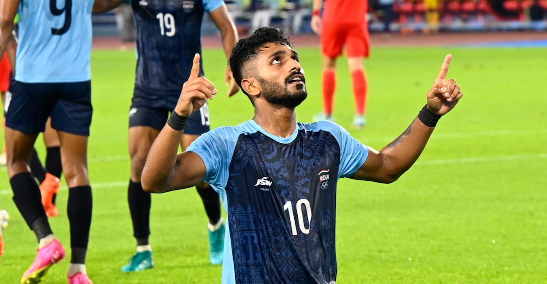 In this file photo used for representational purpose, Rahul K P celebrates a goal for India in the Asian Games. Photo: Manorama