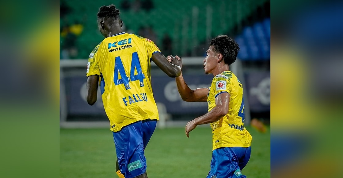 Kerala Blasters' Fallou Ndiaye (left) celebrates with a teammate after scoring against Punjab FC in the ISL at the Jawaharlal Nehru International Stadium in Kochi on March 21, 2026. Photo: KBFC