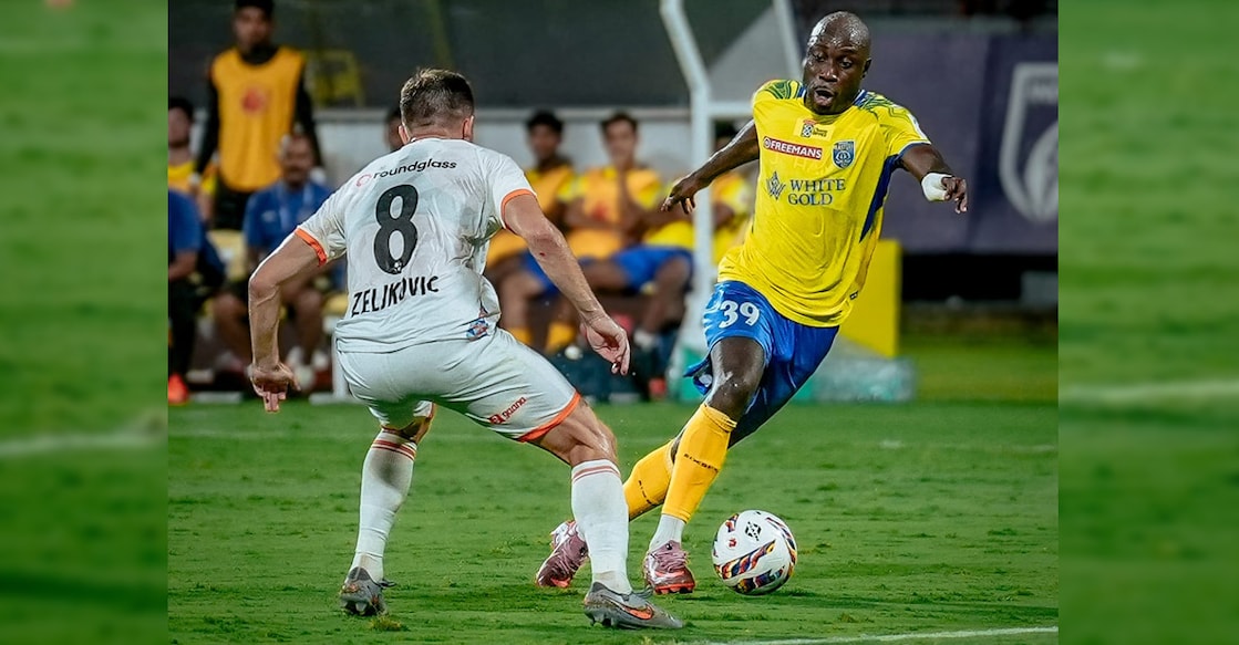 Kerala Blasters' winger Kevin Yoke in action against Punjab FC during an ISL match at the Jawaharlal Nehru Stadium in Kochi on March 21, 2026. Photo: KBFC