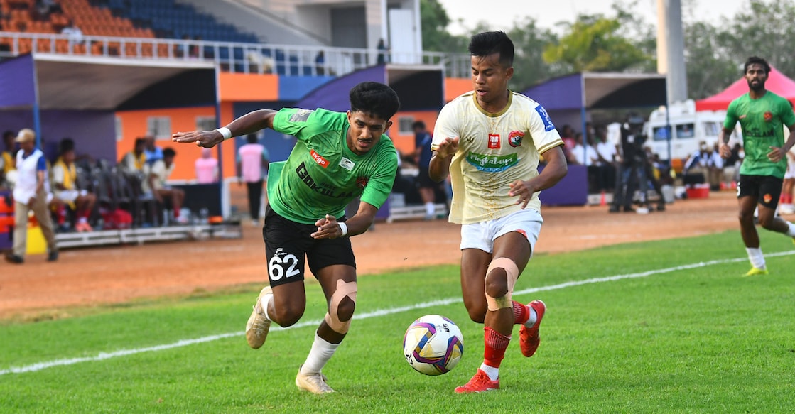 Action between Gokulam Kerala (green) and Shillong Lajong in the Indian Football League at the Payyanad Stadium in Manjeri on March 26, 2026. Photo: GKFC