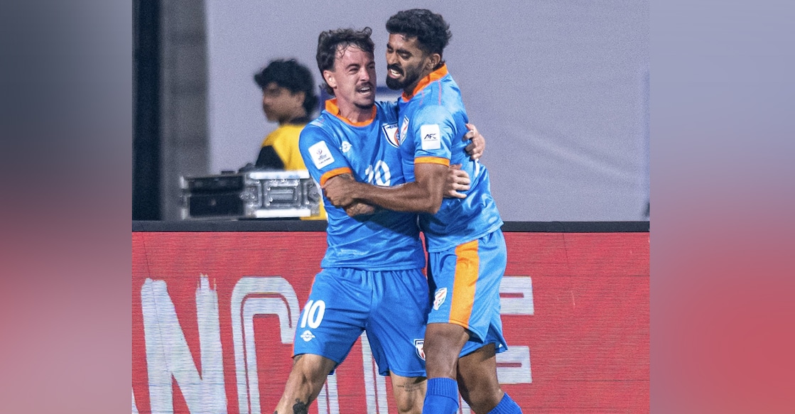 India's Ryan Williams and Akash Mishra (R) celebrate during their AFC Asian Cup qualifier against Hong Kong at the Jawaharlal Nehru International Stadium in Kochi on March 31. Photo: x/@IndianFootball