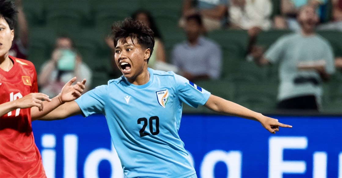 Sanfida Nongrum celebrates after scoring for India against Vietnam. Photo: AIFF