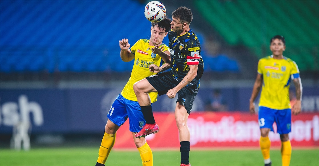 Action between Kerala Blasters (yellow) and Chennaiyin FC in the ISL at the Jawaharlal Nehru Stadium in Kochi on March 7, 2026. Photo: ISL