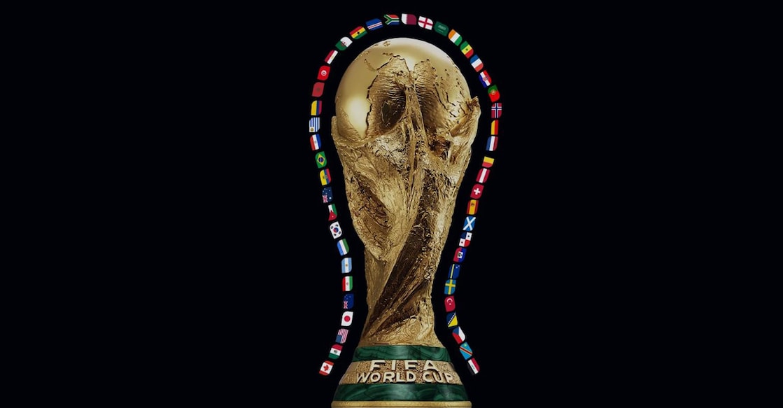 A graphic representation of the World Cup trophy with flags of the 48 participants shared by FIFA.
