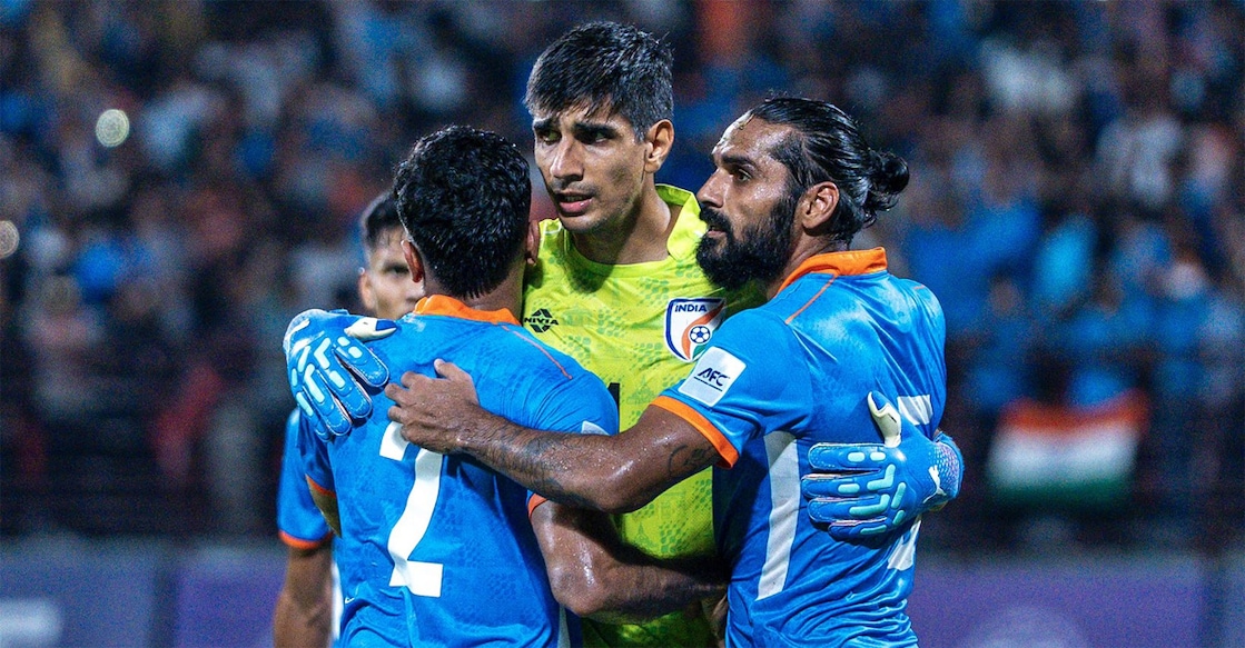 Indian men’s team players celebrate their win over Hong Kong in an AFC Asian Cup qualifier at the Jawaharlal Nehru Stadium in Kochi on March 31, 2026. Photo: AIFF