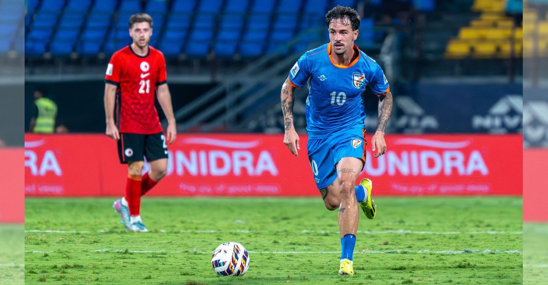 India’s Ryan Williams in action against Hong Kong during an AFC Asian Cup qualifier at the Jawaharlal Nehru International Stadium in Kochi on March 31, 2026. Photo: AIFF