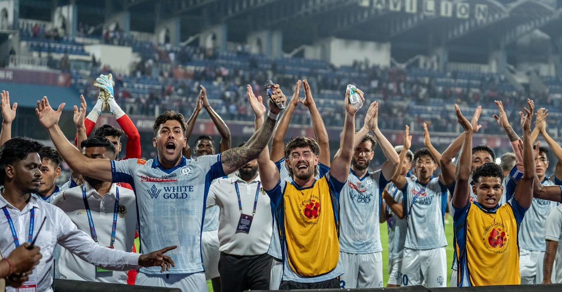 Kerala Blasters’ players celebrate their win against Bengaluru FC in the ISL at the Sree Kanteerava Stadium in Bengaluru on April 11, 2026. Photo: KBFC
