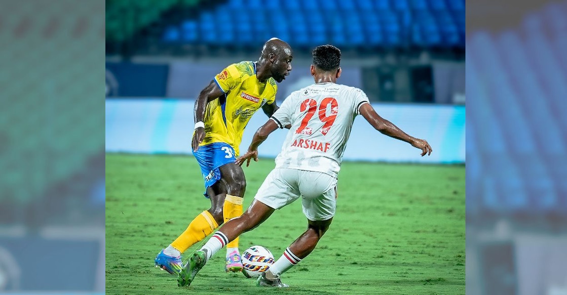 Kerala Blasters’ Kevin Yoke in action against NorthEast United in the ISL at the Jawaharlal Nehru International Stadium in Kochi on April 15, 2026. Photo: KBFC