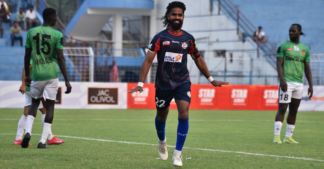 Diamond Harbour’s Malayali attacker Jobby Justin celebrates his goal against Gokulam Kerala in the Indian Football League at Kalyani on April 18, 2026. Photo: AIFF