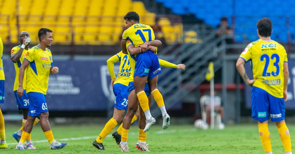 Kerala Blasters players celebrate a goal against Jamshedpur FC in the Indian Super League at the Jawaharlal Nehru Stadium in Kochi on April 18, 2026. Photo: KBFC