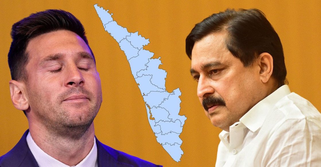 A graphic showing Lionel Messi and V Abdurahiman separated by a map of Kerala. 