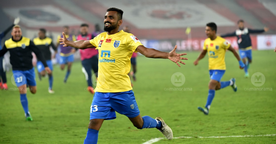 CK Vineeth celebrates a goal for Kerala Blasters at the Jawaharlal Nehru Stadium in Kochi. File photo: Manorama