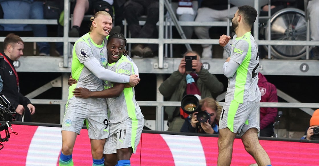 Manchester City's Erling Haaland (L) celebrates scoring their first goal with Jeremy Doku and Rayan Ait-Nouri. Photo: Reuters