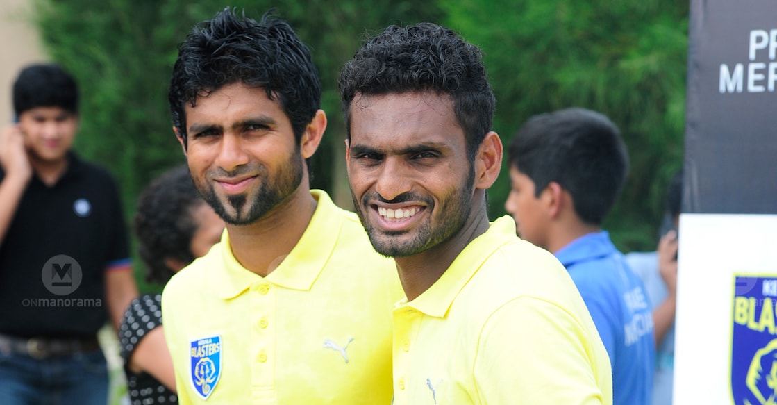 Mohammed Rafi and C K Vineeth pose in this file photo from 2016 during their playing days with Kerala Blasters. File photo: Manorama