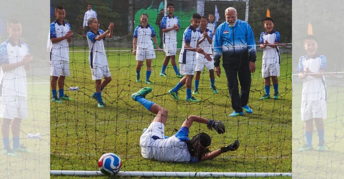 Prime Minister Narendra Modi scores a goal while playing with schoolchildren in Gangtok on April 28, 2026. Photo: Facebook/@narendramodi