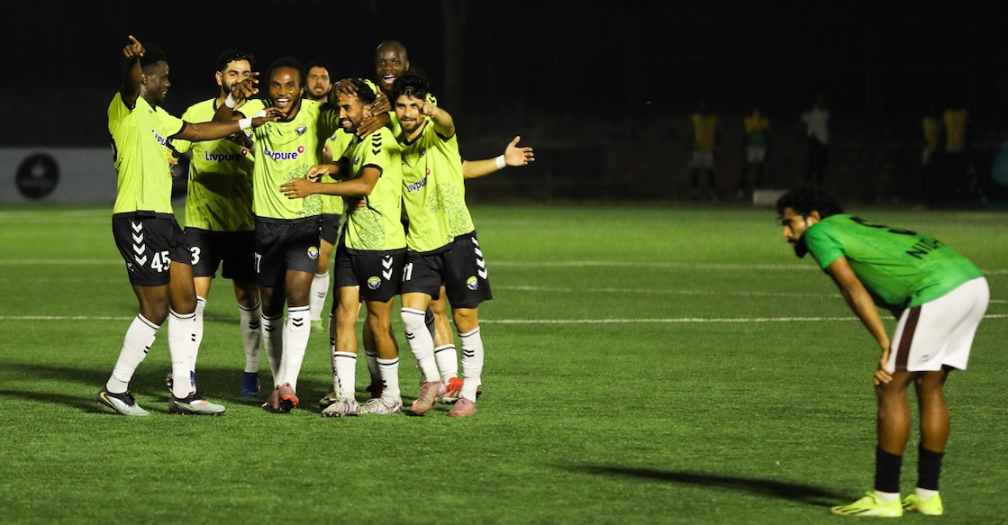 Real Kashmir players celebrate a goal against Gokulam Kerala in a relegation battle in the Indian Football League at the Deccan Arena in Hyderabad on April 30, 2026. Photo: Special arrangement