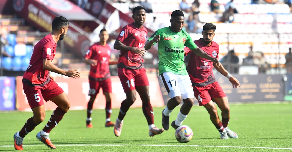 Action between Gokulam Kerala (green) and Rajasthan United in the Indian Football League in Jaipur on April 7, 2026. Photo: Special arrangement
