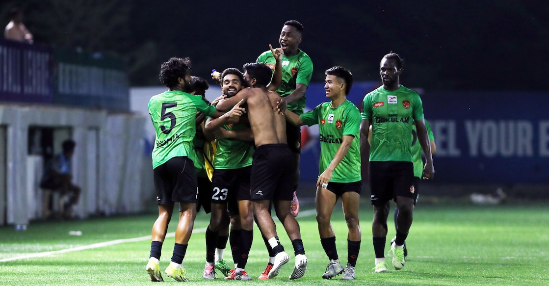 Gokulam Kerala players celebrate a 98th minute winner against Namdhari SC in the Indian Football League at the Deccan Arena in Hyderabad on May 12, 2026. Photo: GKFC