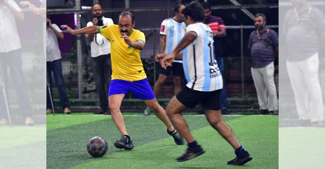 In this file photo from 2022, V D Satheesan competes in a friendly football tournament wearing the colours of Brazil. File photo: Facebook/VD Satheesan