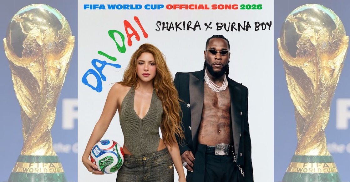 The image was not created by Malayala Manorama or any of its resources. It shows the cover of 'Dai Dai', the FIFA World Cup 2026 official song sourced from Shakira's X handle (@shakira), flanked by AFP images of the FIFA World Cup trophy. 